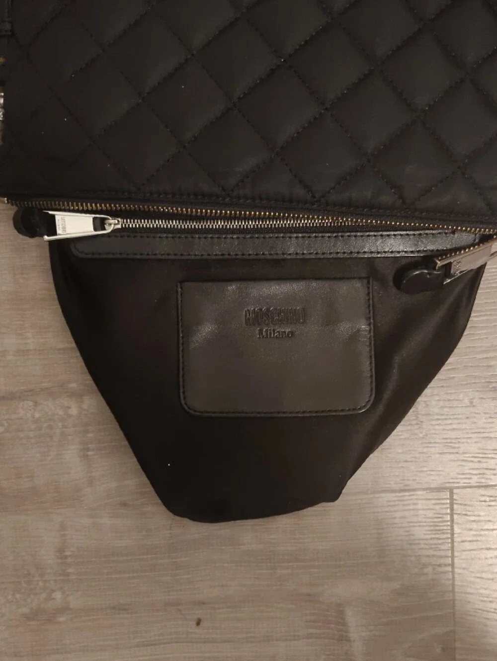 Moschino Black Quilted Wristlet with Shiny Silver Logo